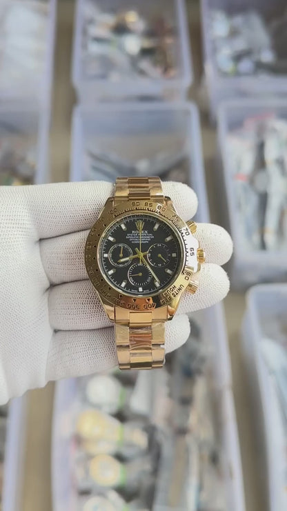 Role_x Daytona Black Dial Gold Chronograph Watch