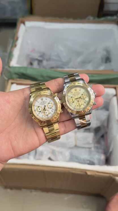 Role_x Daytona White Dial Gold Chronograph Watch