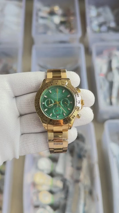 Role_x Daytona Green Dial Gold Chronograph Watch