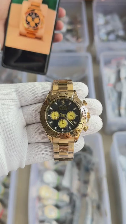 Role_x Daytona Black & Gold Chronograph Watch